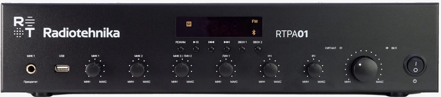 

Микшер-усилитель Radiotehnika RTPA01 96913 120Вт, 100 В / 4 Ом , 80 Гц – 15 кГц, КНИ <1%, 2 х RCA ( линейный ), 3 х Euroblock (микрофонный), USB-порт, RTPA01