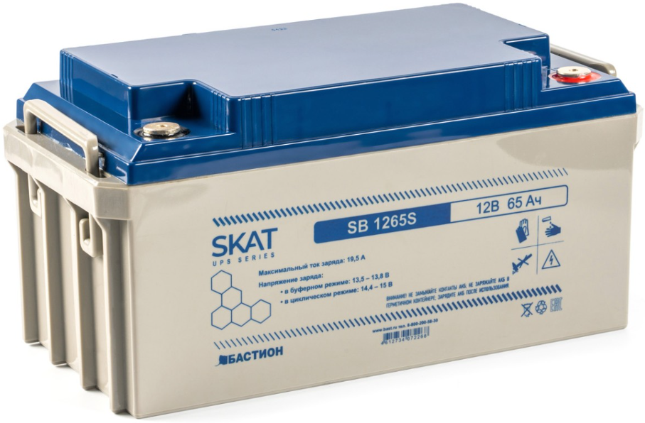 

Аккумулятор Бастион SKAT SB 1265S свинцово-кислотный тип AGM 12V 65Ач Iзар.26А, клеммы под болт М6, SKAT SB 1265S
