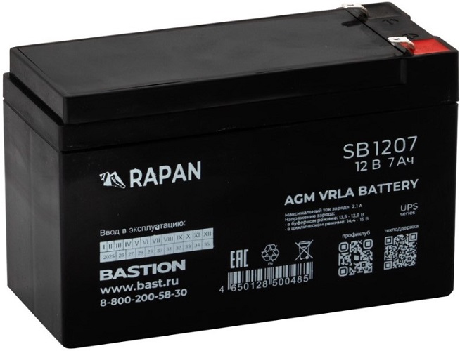

Аккумулятор Бастион RAPAN SB 1207 свинцово-кислотный 12 В, 7 Ач, F1, срок службы - 4 года, RAPAN SB 1207