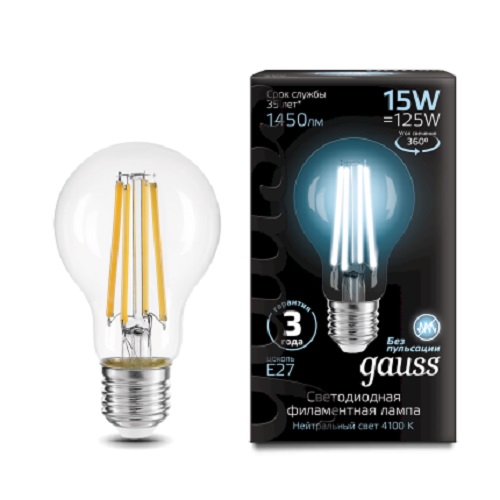 

Лампа светодиодная Gauss 102902215 Filament 15Вт цок.:E27 груша 220B 4100K св.свеч.бел.нейт. (1шт), 102902215