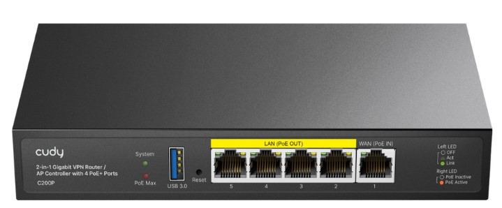 

Маршрутизатор Cudy C200P 2-IN-1 SMB Router/AP Controller, 1 Gigabit Ethernet + 4 Gigabit PoE+ PSE Ports + 1 USB 3.0, PSE output up to 30Watts per port, C200P