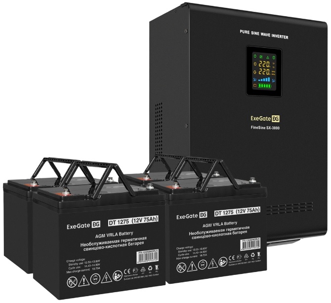 

Комплект Exegate FineSine SX-3000.LCD.AVR.2SH.T EX296642RUS ИБП EX296003RUS + батарея 75Aч EX282983RUS 4шт (инвертор, синус, для котла, настенный) 300, FineSine SX-3000.LCD.AVR.2SH.T