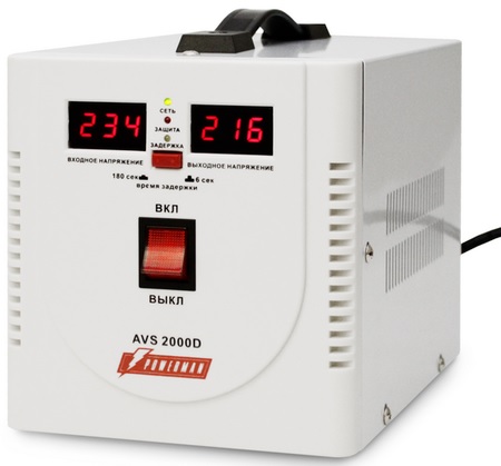 

Стабилизатор напряжения Powerman POWERMAN AVS 2000D step-type regulator, digital indicators of voltage levels, 2000VA, 140-260V, maximum input current, POWERMAN AVS 2000D