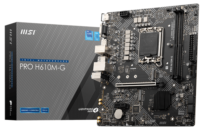

Материнская плата mATX MSI PRO H610M-G (LGA1700, H610, 2*DDR5, 4*SATA 6G, M.2, 7.1Ch, 2*PCIE, Glan, 2*USB 3.2, 4*USB 2.0, VGA, HDMI, DP), PRO H610M-G