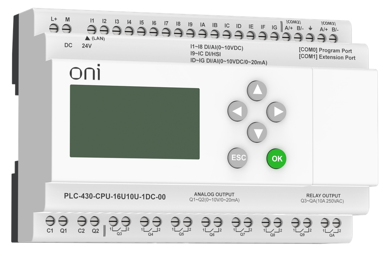 

Модуль ONI PLC-430-CPU-16U10U-1DC-00 ПЛК 430 ЦПУ 4 DI 12 UI (0-10 В/DI) 8 RO 2 AO (1 шт 0-10 В и 1 шт 0-20 мА) 24В DC с Ethernet портом с экраном, PLC-430-CPU-16U10U-1DC-00