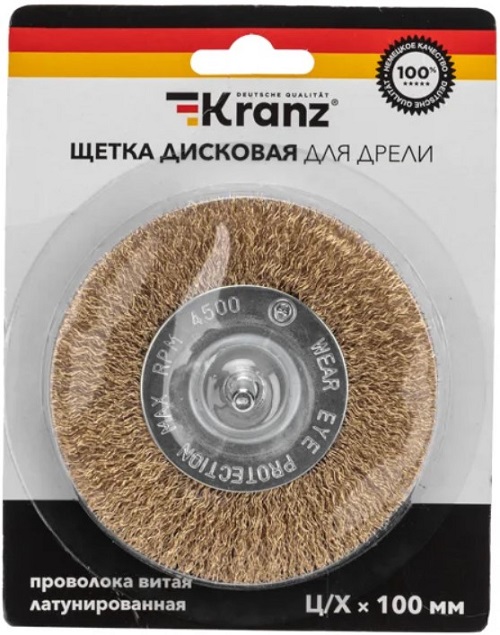 

Щетка KRANZ KR-91-1231 дисковая для дрели, витая латунированная стальная проволока, 100мм, KR-91-1231
