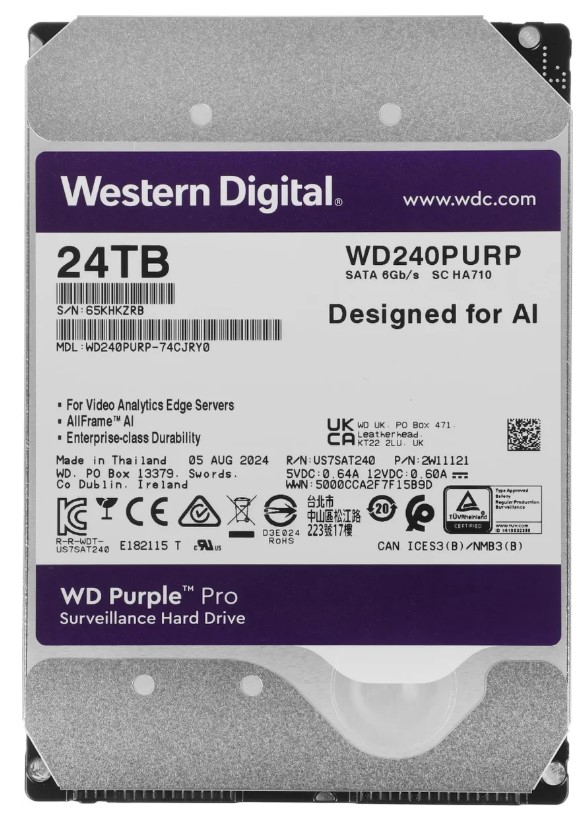 

Жесткий диск 24TB SATA 6Gb/s Western Digital Purple Pro WD240PURP 7200rpm, 512MB, 287/287MB/s, Purple Pro