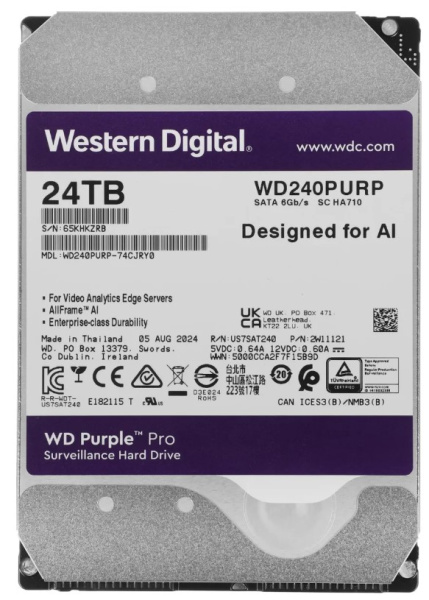 Изображение товара Жесткий диск Western Digital Purple Pro 24 ТБ для видеосистем, SATA III