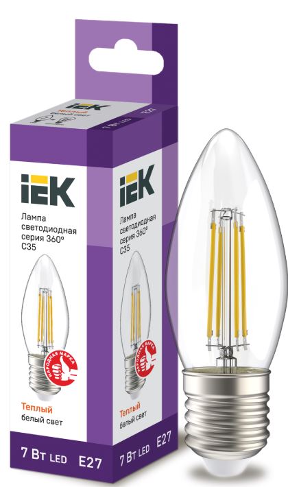 

Лампа светодиодная IEK LLF-C35-7-230-30-E27-CL филаментная C35 свеча прозрачная 7Вт 230В 3000К E27 серия 360°, LLF-C35-7-230-30-E27-CL