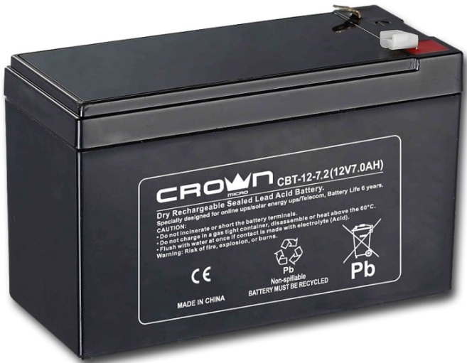 

Аккумулятор Crown CBT-12-7.2 CM000001677 свинцово-кислотный, 12В, 7.2 А/Ч, ABS-пластик, F2 (Т2), срок службы 6 лет, CBT-12-7.2
