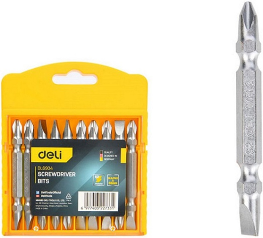 Изображение товара Набор двухсторонних бит Deli DL6904 10 шт сталь S2 для шуруповёрта