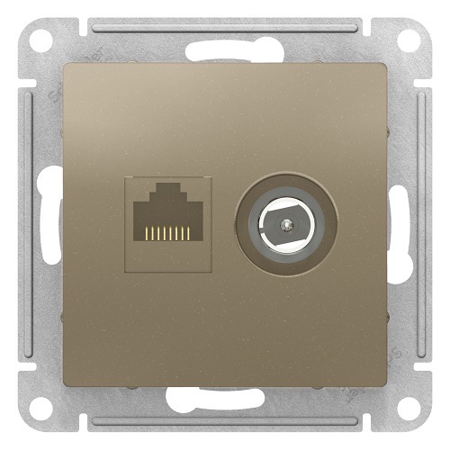 

Розетка Schneider Electric ATN000589 AtlasDesign, двойная, комп+ТВ, RJ45+TV, кат.5E, механизм, шампань, ATN000589