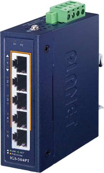 

Коммутатор Planet IGS-504PT IP30 Compact size 4-Port 10/100/1000T 802.3at PoE + 1-Port 10/100/1000T Gigabit Ethernet (-40~75 degrees C, dual 48~54V DC, IGS-504PT