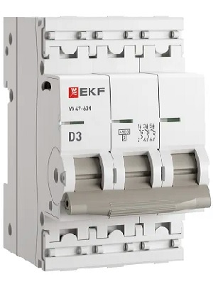 Изображение товара Автоматический выключатель EKF серия ВА 47-63N PROxima 3 полюса 400В 3А IP20