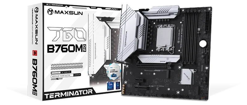 

Материнская плата mATX MAXSUN Terminator B760M D5 WiFi (LGA1700, B760, 4*DDR5 (7600), 4*SATA, 3*M.2, 2*USB 3.2, 6*USB 2.0, PCIe x16, HDMI, DP), Terminator B760M D5 WiFi