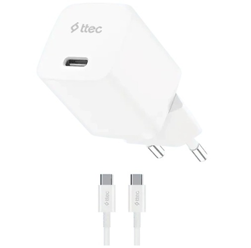 

Зарядное устройство сетевое TTEC SmartCharger 2SCG30CB GAN 30W USB-C PD с кабелем USB-C-USB-C 60W. Длина кабеля: 120см. Цвет: белый, SmartCharger