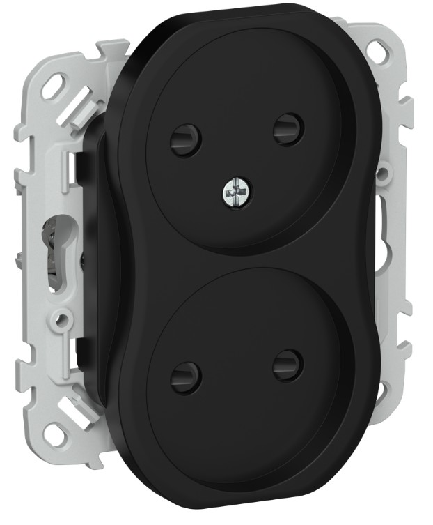 

Розетка двухместная без заземления IEK FI-R23-10-1-K02 FLITE с защитными шторками безвинтовое крепление 10А РСш02-1-ФлЧ черный, FI-R23-10-1-K02