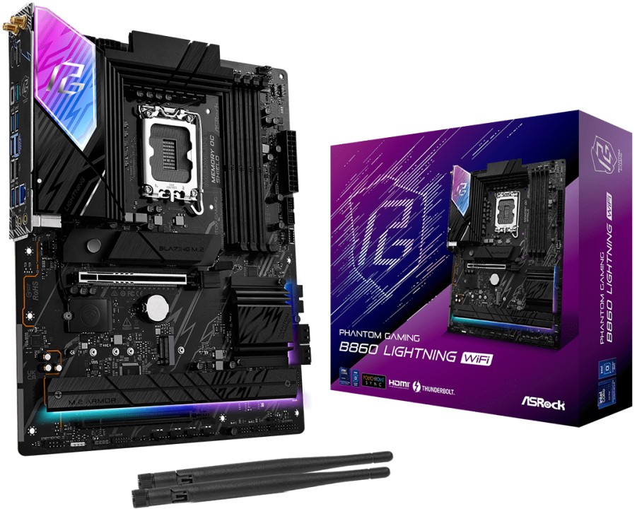 

Материнская плата ATX ASRock B860 LIGHTNING WIFI (LGA1851, B860, 4*DDR5, 4*SATA,2*PCIe, 4*M.2, WiFi, BT, 3*USB 2.0, 6*USB 3.2, HDMI, DP), B860 LIGHTNING WIFI