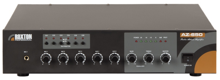

Усилитель Roxton AZ-650 650 Вт; 6 зон; 100...16000 Гц; 100В/70В/4-16 Ом, 1+2 микроф./2 лин. входа, 1 лин. выход; ~220В, AZ-650