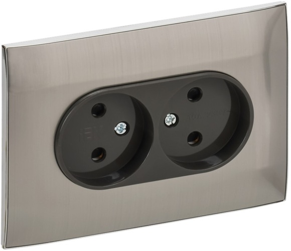 

Розетка двухместная без заземления IEK SK-R23-10-K50-F SKANDY с защитными шторками 10А в сборе SK-R09N металл никель, SK-R23-10-K50-F