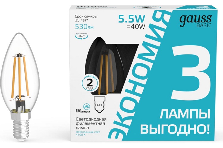 

Лампа светодиодная Gauss 1031126T Basic 5.5Вт цок.:E14 свеча 220B 4100K св.свеч.бел.нейт. (3шт), 1031126T