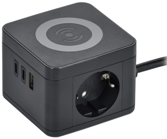 Изображение товара IEK DN-YP31-16-02-01-ZKU-K02 — удлинитель с 2 розетками, USB-C/USB-A, беспроводная зарядка