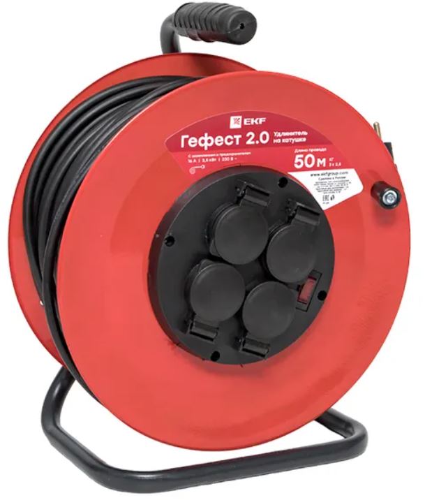 

Удлинитель на катушке EKF UKG02-16-R325-4-50-IP44 "Гефест 2.0" 4 гнезда 50м с заземлением и предохранителем КГ 3*2,5 16А/3,5кВт IP44 PROxima, UKG02-16-R325-4-50-IP44
