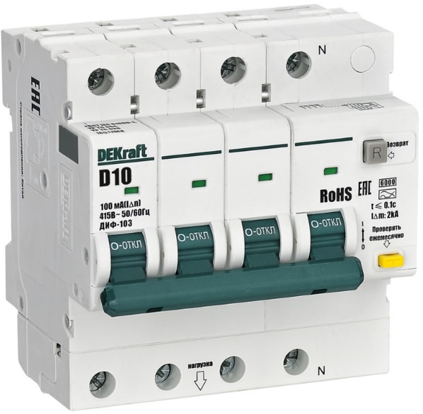 

Автомат дифференциальный DEKraft 16517DEK 3P+N 10А 100мА AC х-ка D ДИФ-103 6кА, 16517DEK
