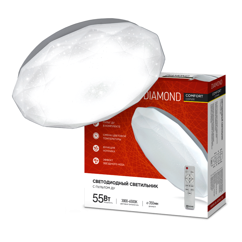 

Светильник светодиодный IN HOME 4690612035048 COMFORT DIAMOND 55Вт 230В 3000-6500К 4400лм 330х80мм с пультом ДУ, 4690612035048
