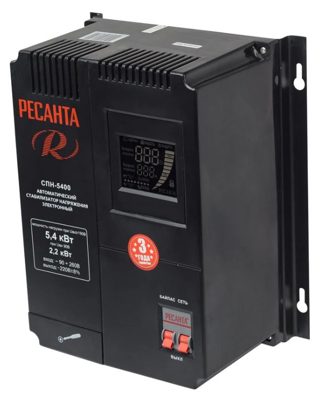 

Стабилизатор Ресанта 63/6/26 СПН-5400 3500/5400 Вт, вх/вых напряжение 90-260 В/202-238 В; КПД: 97%; точн стабилизации 8%, 63/6/26