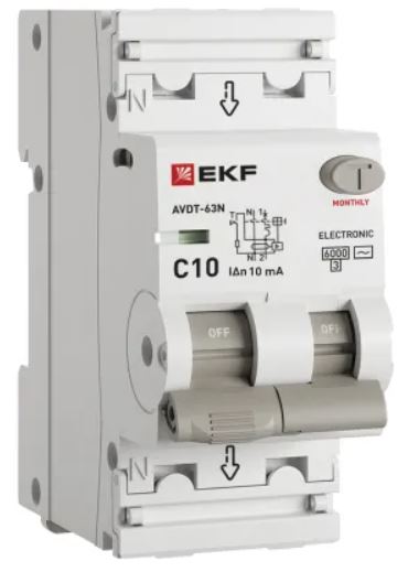 

Автомат дифференциальный EKF D63N26E10C10 АВДТ-63N 1P+N 10А (C) 10мА (AC) эл 6кА PROXIMA, D63N26E10C10