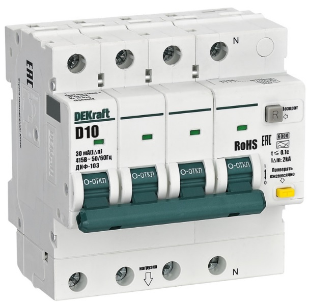 

Автомат дифференциальный DEKraft 16508DEK 3P+N 10А 30мА AC х-ка D ДИФ-103 6кА, 16508DEK