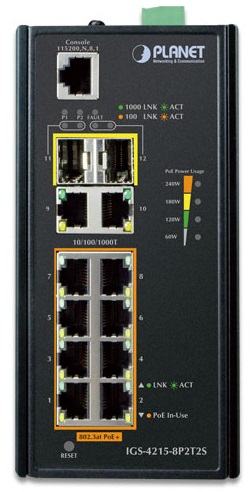 

Коммутатор промышленный Planet IGS-4215-8P2T2S Industrial 8-Port 10/100/1000T 802.3at PoE + 2-Port 10/100/1000T + 2-Port 100/1000X SFP Managed Switch, IGS-4215-8P2T2S