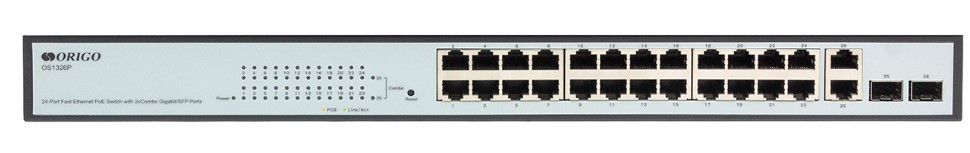Коммутатор управляемый ORIGO OS1326P/280W/A2A 24x100Base-TX PoE+ (PoE-бюджет 325 Вт max/ 280 Вт номин.,PoE до 250 м), 2xCombo 1000Base-T/SFP