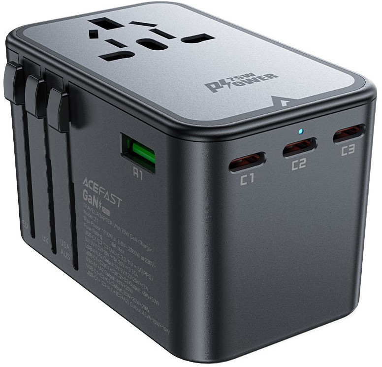 

Зарядное устройство сетевое ACEFAST Z1 PD75W GaN (3*USB-C+2*USB-A) multifunctional charging adapter. Цвет: черно-серый, Z1