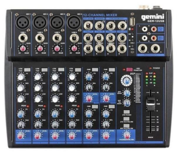 

Микшер Gemini GEM-12USB аналоговый, 12 каналов, DSP, выход на наушники, Bluetooth, USB-проигрыватель файлов в формате MP3/WAV, GEM-12USB
