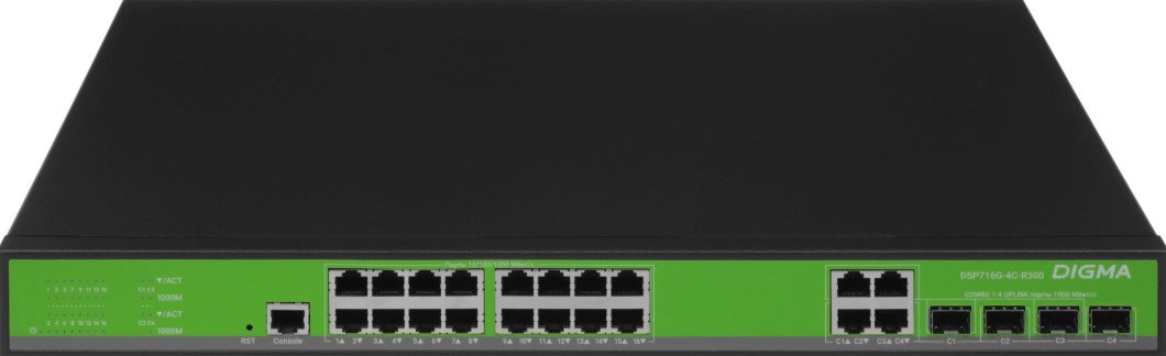 

Коммутатор управляемый Digma DSP716G-4C-R300 (L2+) 16x1Гбит/с 4xКомбо(1000BASE-T/SFP) 300W, DSP716G-4C-R300