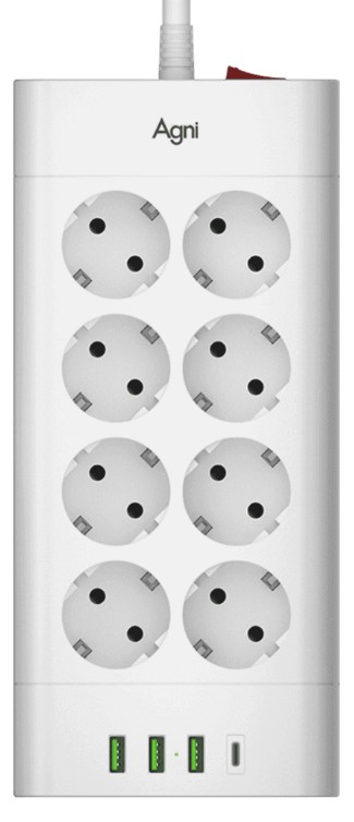 

Сетевой фильтр AGNI TP-FA4U8E-C-2m-white 8 розеток, 16А, 4000Вт, 220-250В, 2 м, 3x1,5mm2, 3*USB, Type-C, белый, TP-FA4U8E-C-2m-white