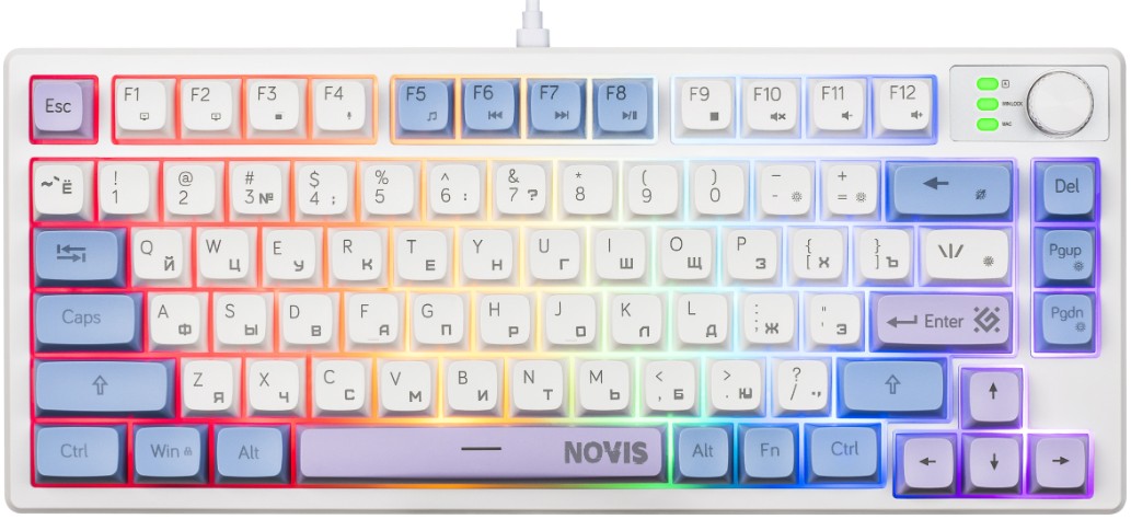

Клавиатура Defender Novis GK-318 RU 45318 бел/гол, 80кн+FN, радуж, 1.5м, Novis GK-318 RU