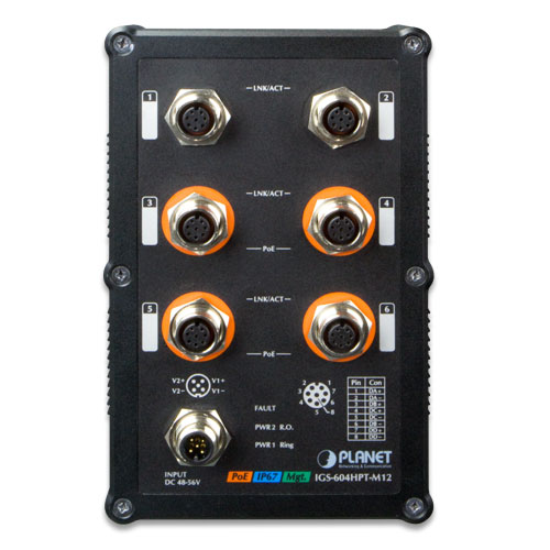 

Коммутатор промышленный Planet IGS-604HPT-M12 Industrial IP67-rated 4-Port 10/100/1000T 802.3at PoE + 2-Port 10/100/1000T Managed Ethernet Switch (-40, IGS-604HPT-M12