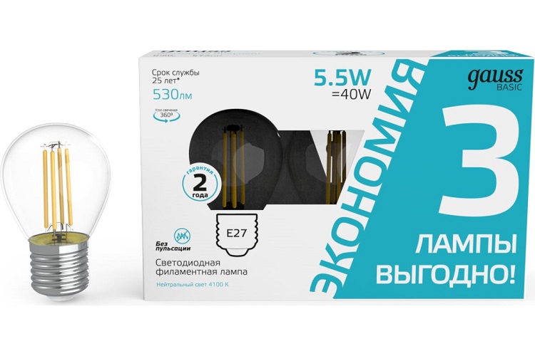 

Лампа светодиодная Gauss 1051226T Basic 5.5Вт цок.:E27 шар 240B 4100K св.свеч.бел.нейт. (3шт), 1051226T