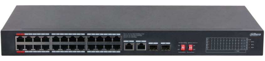 

Коммутатор Dahua DH-S3228-24GT-375 24-портовый неуправляемый гигабитный с PoE, уровень L2, DH-S3228-24GT-375
