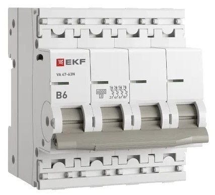 

Автоматический выключатель EKF M636406B 4P 6А (B) 6кА ВА 47-63N PROxima, M636406B