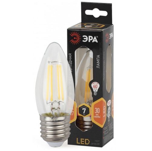 

Лампа светодиодная ЭРА Б0027950 F-LED B35-7W-827-E27 (филамент, свеча, 7Вт, тепл, E27), Б0027950