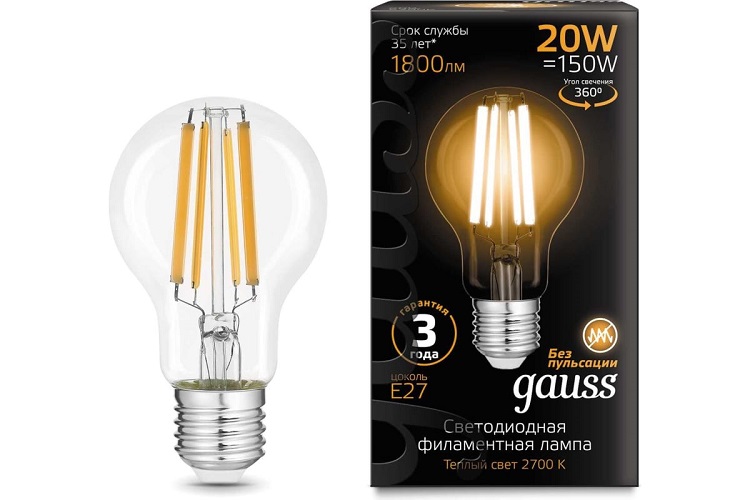 

Лампа светодиодная Gauss 102902120 Filament 20Вт цок.:E27 груша 220B 2700K св.свеч.бел.теп. (1шт), 102902120