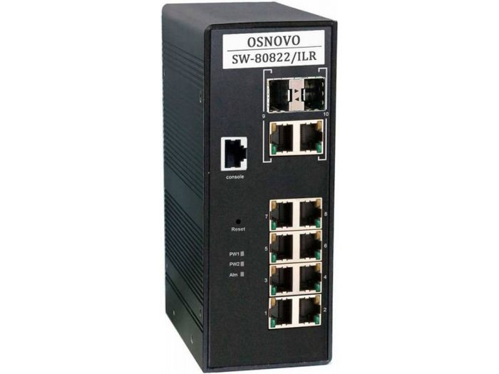

Коммутатор управляемый OSNOVO SW-80822/ILR промышленный (L2+) PoE Gigabit Ethernet на 10 портов. Порты: 8 x GE (10/100/1000Base-T) с PoE (до 30W) + 2, SW-80822/ILR
