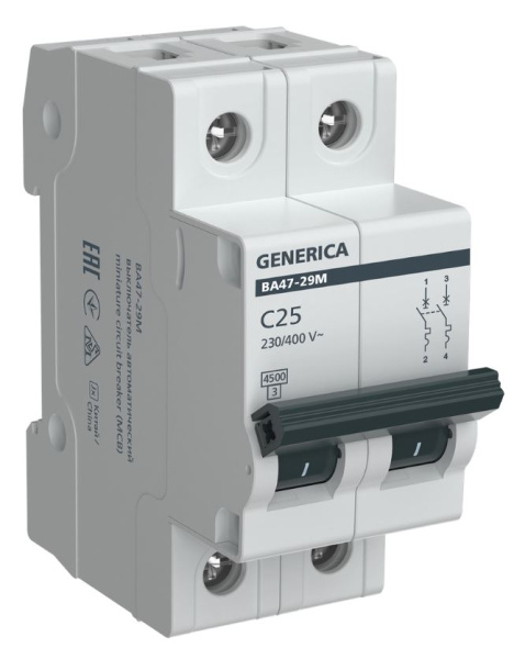 Изображение товара Автомат GENERICA MVA21-2-025-C-G, 25 A, 400 V, 2P, IP20