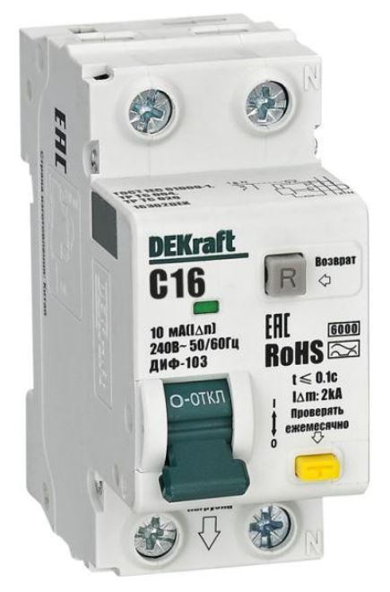 

Автомат дифференциальный DEKraft 16302DEK 1P+N 16А 10мА AC х-ка C ДИФ-103 6кА, 16302DEK