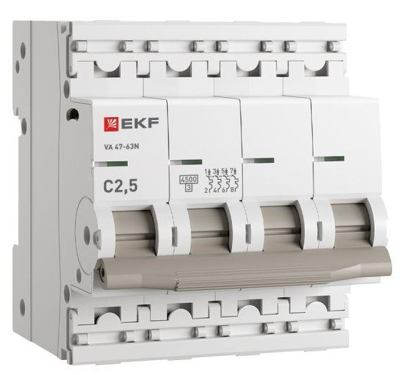 

Автоматический выключатель EKF M63442T5C 4P 2,5А (C) 4,5kA ВА 47-63N PROxima, M63442T5C