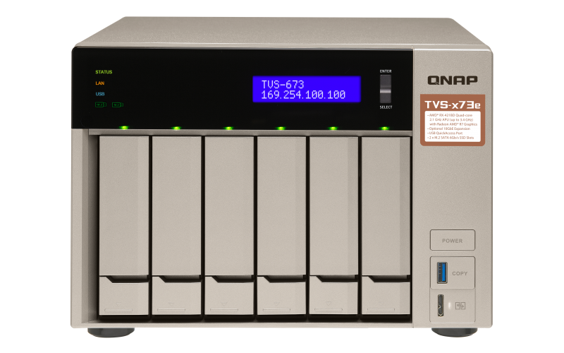 

Сетевой RAID-накопитель QNAP TVS-673e-8G NAS, 6-tray w/o HDD, 2xM.2 SSD Slot, 2xHDMI-port. Quad-сore AMD quad-core 2.1 GHz up to 3.4 GHz , 8GB DDR4 (2, TVS-673e-8G
